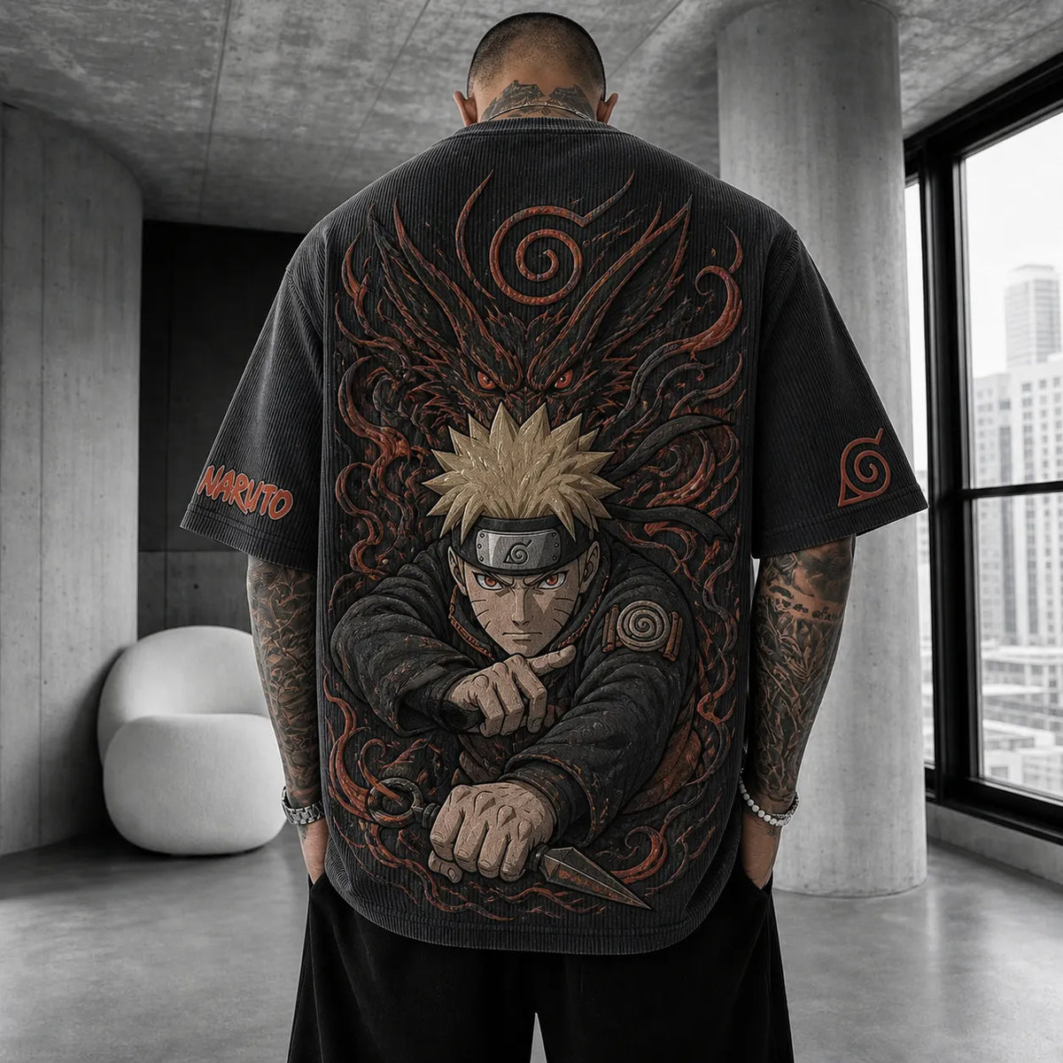 NINDO Unisex Anime-Style Retro Corduroy Oversized T-Shirt