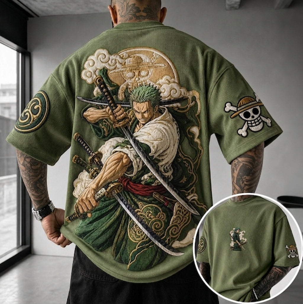 One Piece Unisex Anime-Style Retro Corduroy Oversized T-Shirt