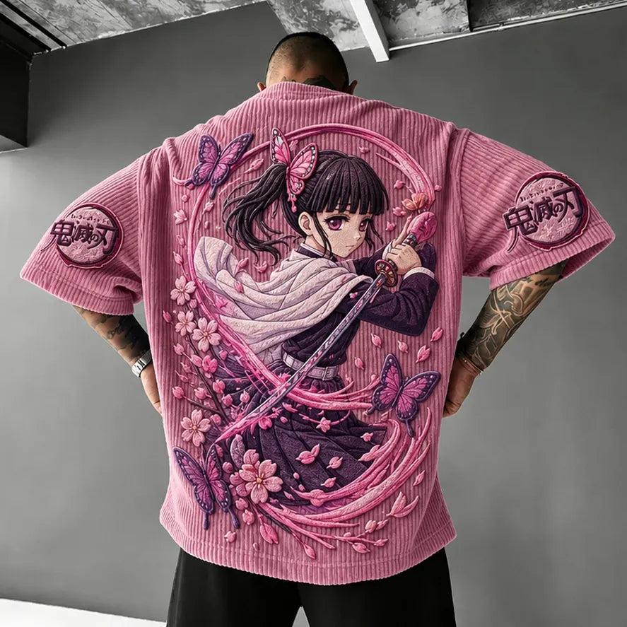 KNY Unisex Oversized Anime-Print Vertical-Stripe Short-Sleeve T-Shirt