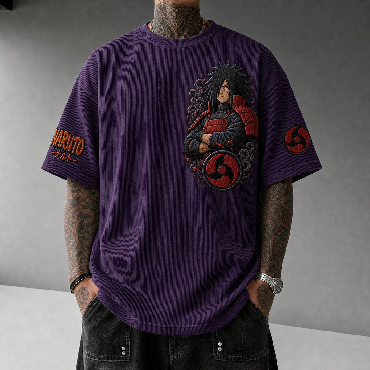 NINDO Unisex Anime-Style Retro Corduroy Oversized T-Shirt