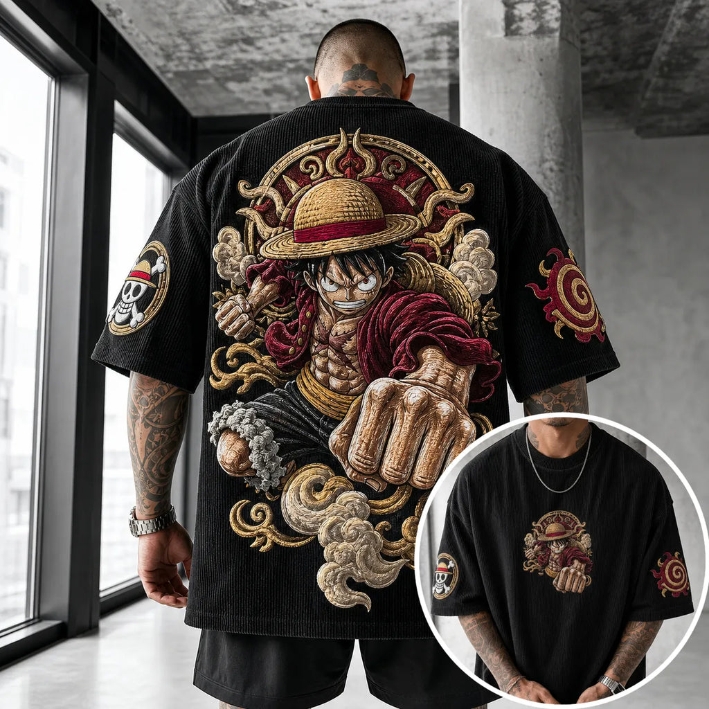 One Piece Unisex Anime-Style Retro Corduroy Oversized T-Shirt