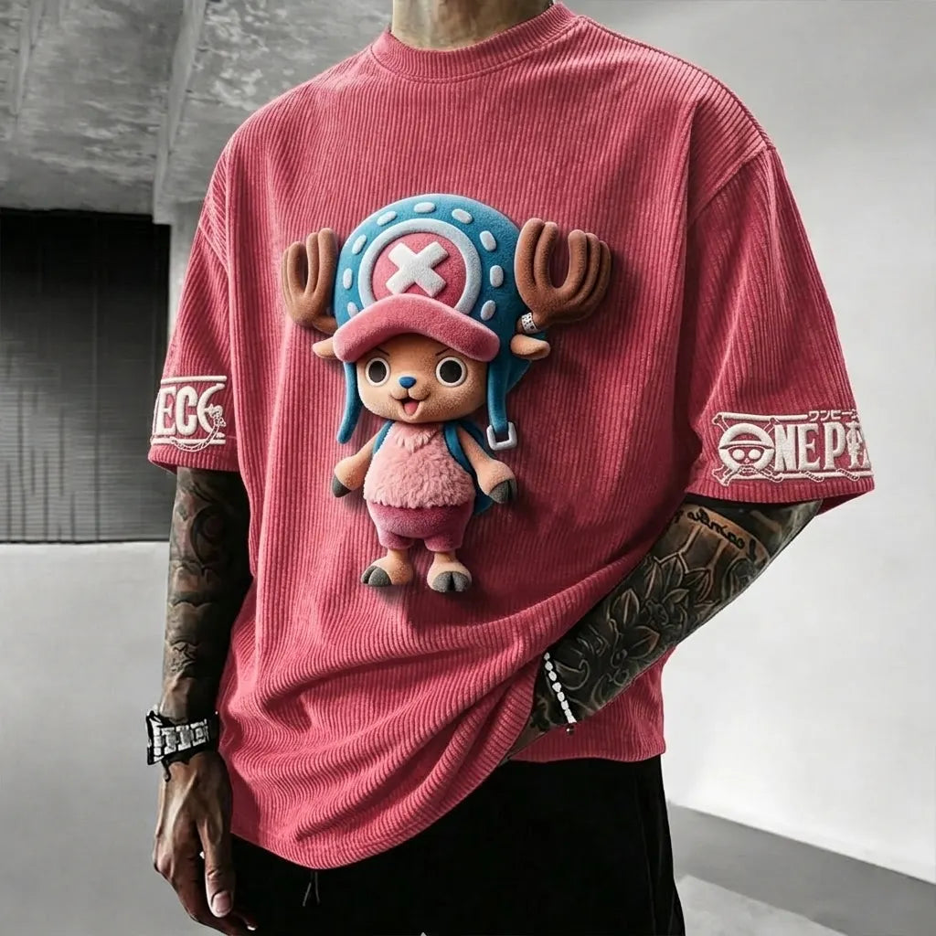One Piece Unisex Anime-Style Retro Corduroy Oversized T-Shirt
