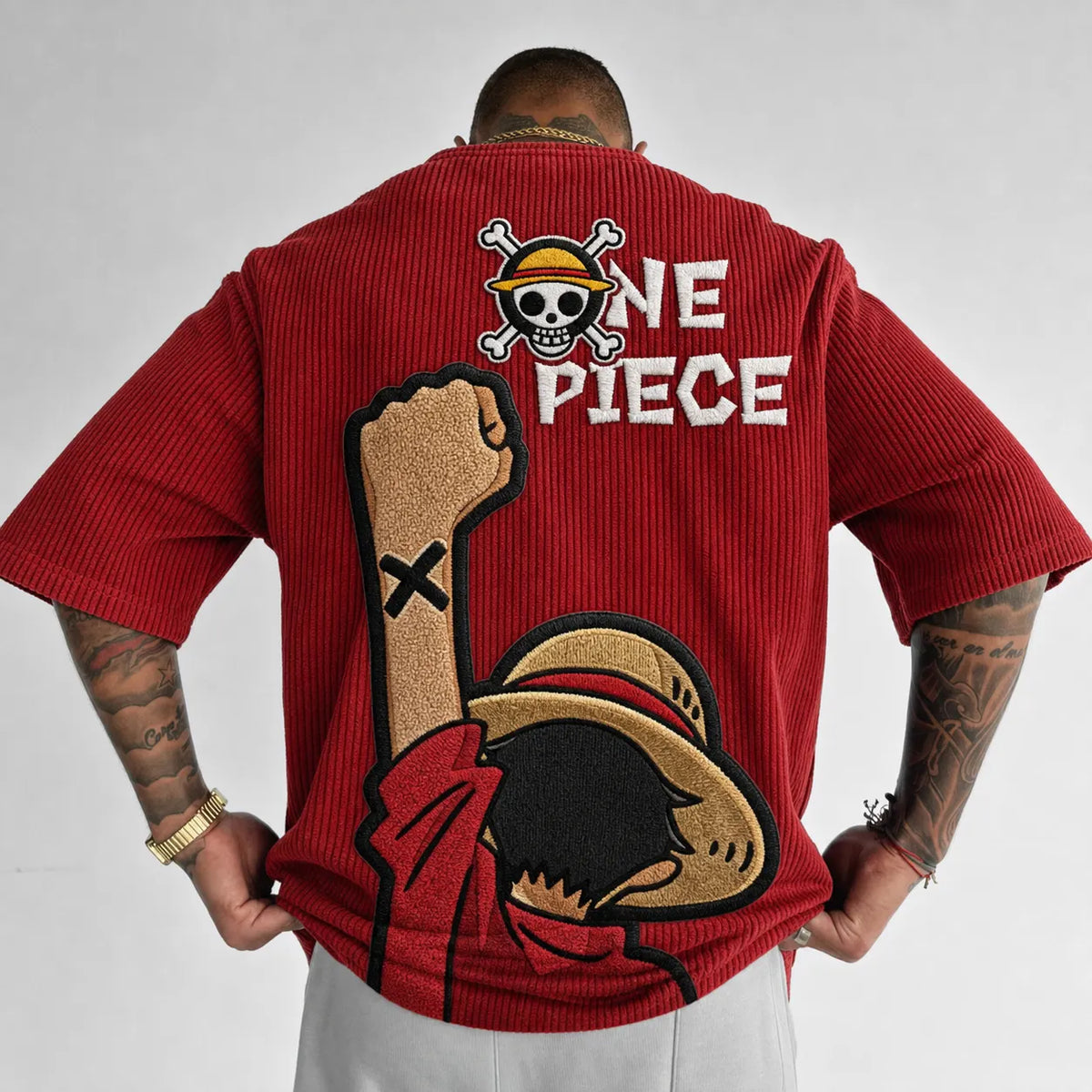 One Piece Unisex Anime-Style Retro Corduroy Oversized T-Shirt