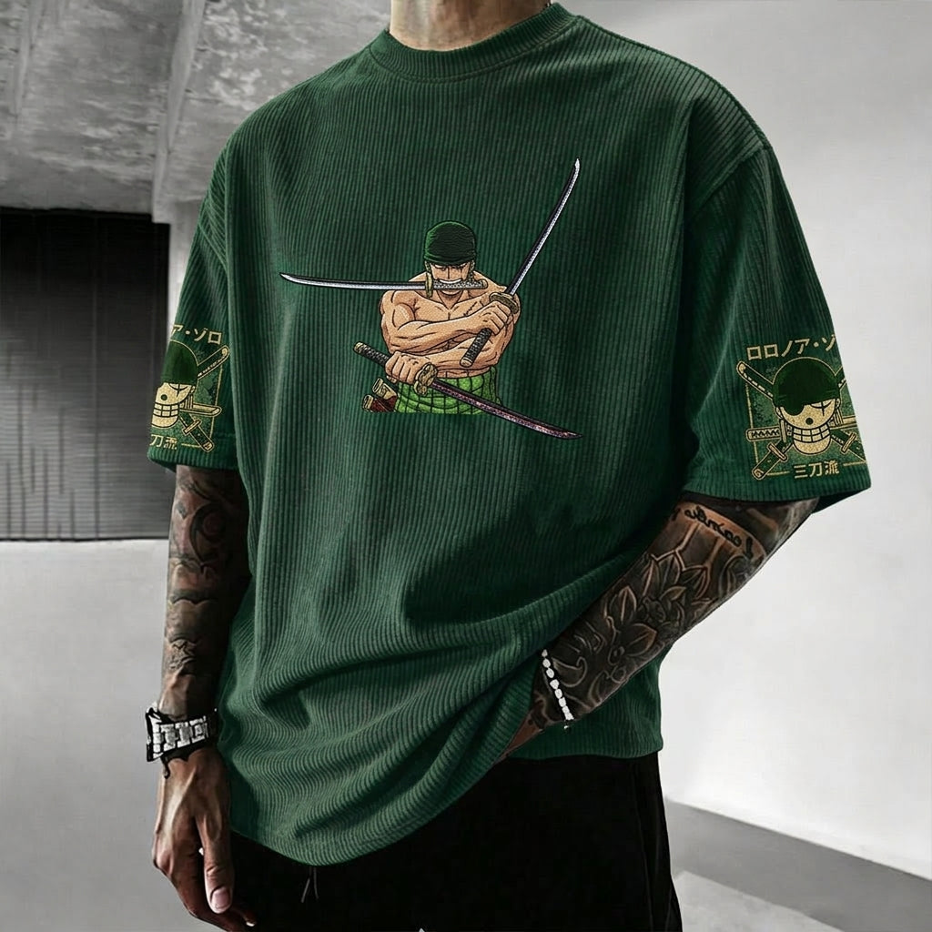 One Piece Unisex Anime-Style Retro Corduroy Oversized T-Shirt