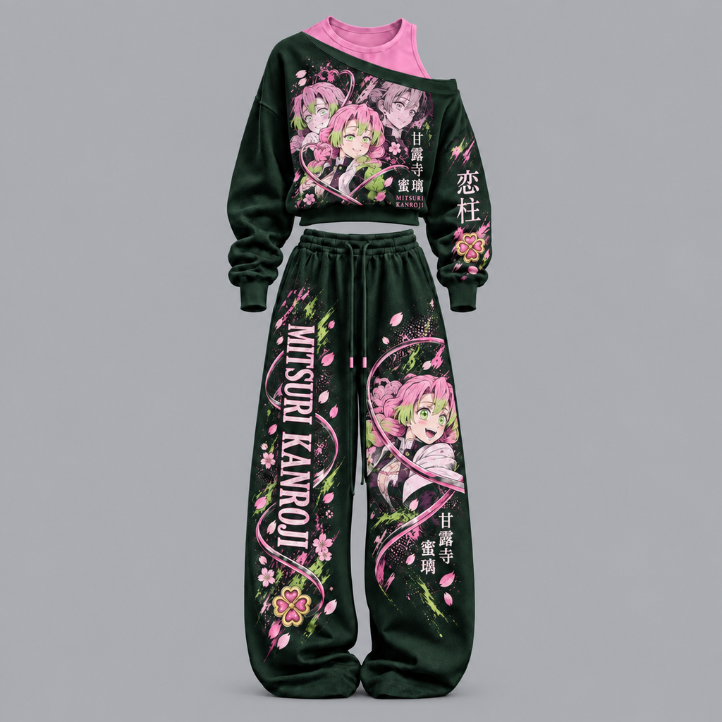 Demon Slayer-Women's Asymmetric Off-Shoulder Cut-Out Sweatshirt & Wide-Leg Sweatpants 2-Piece Set