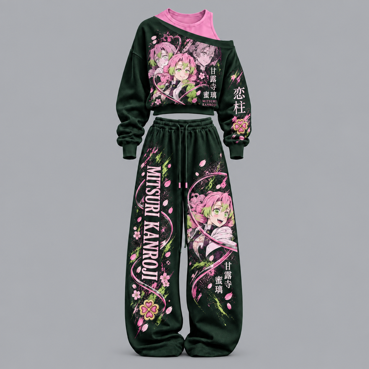 Demon Slayer-Women's Asymmetric Off-Shoulder Cut-Out Sweatshirt & Wide-Leg Sweatpants 2-Piece Set