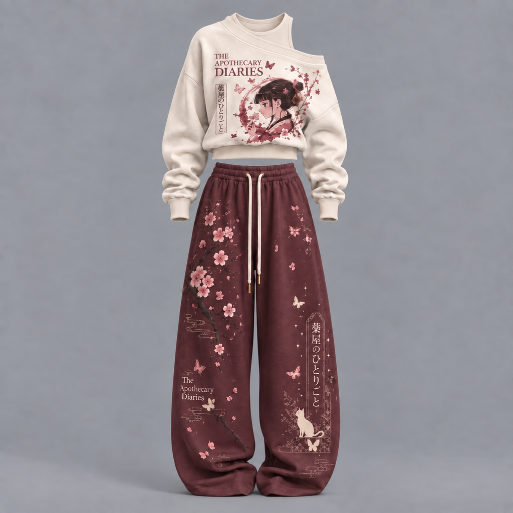 The Apothecary Diaries-Women's Asymmetric Off-Shoulder Cut-Out Sweatshirt & Wide-Leg Sweatpants 2-Piece Set