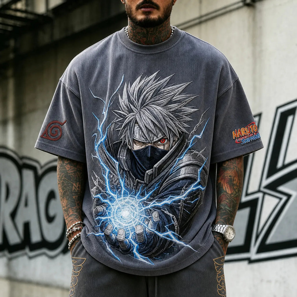 NINDO Unisex Oversized Anime-Print Vertical-Stripe Short-Sleeve T-Shirt