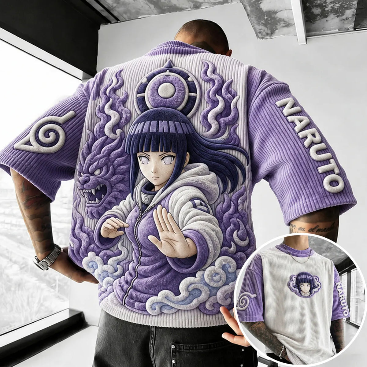 NINDO Unisex Anime-Style Retro Corduroy Oversized T-Shirt