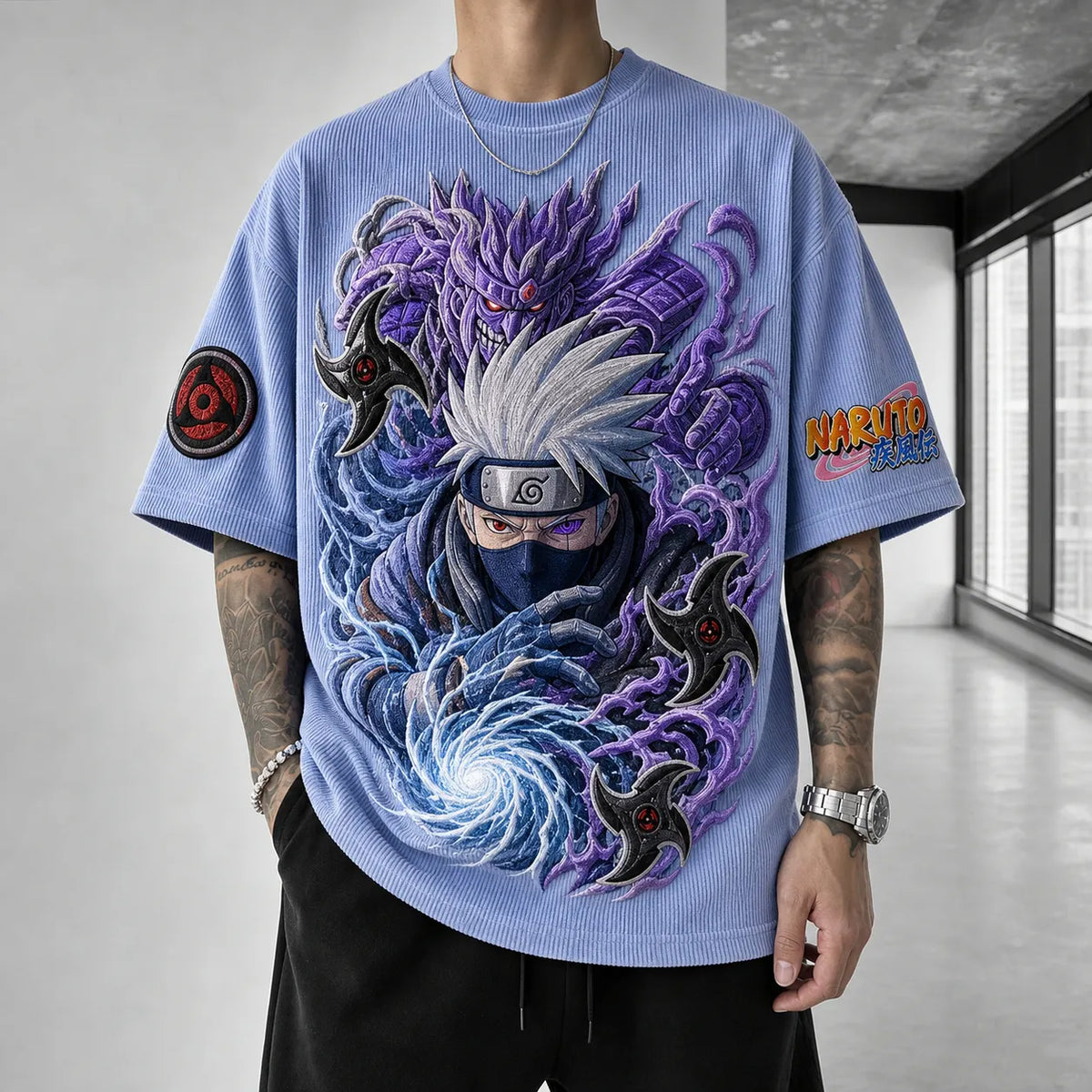 NINDO Unisex Oversized Anime-Print Vertical-Stripe Short-Sleeve T-Shirt