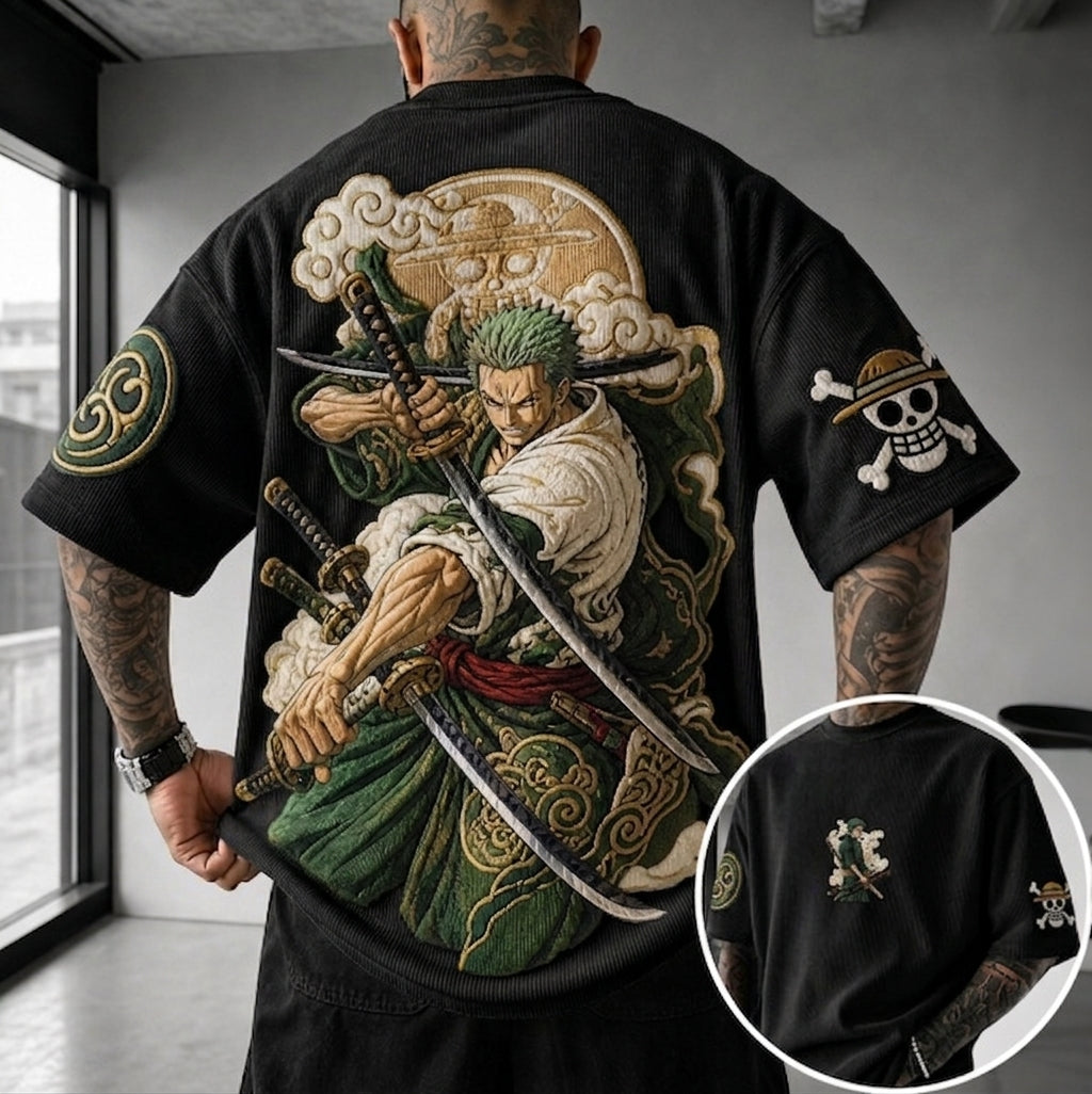 One Piece Unisex Anime-Style Retro Corduroy Oversized T-Shirt