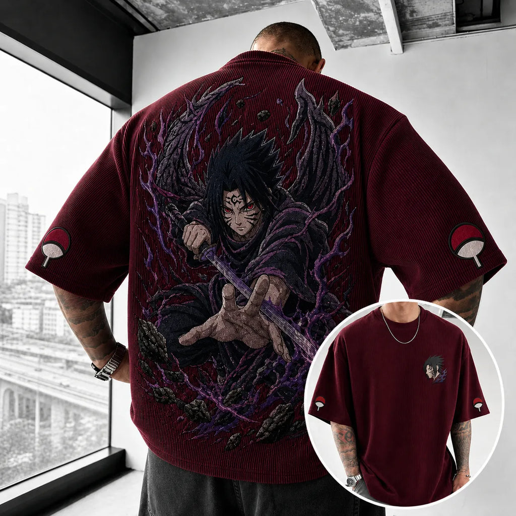 NINDO Unisex Oversized Anime-Print Vertical-Stripe Short-Sleeve T-Shirt