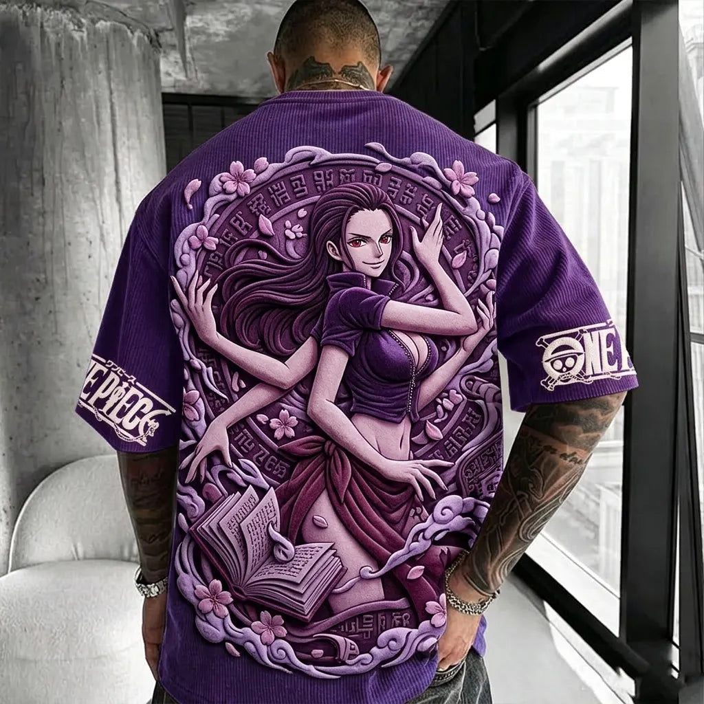 One Piece Unisex Anime-Style Retro Corduroy Oversized T-Shirt
