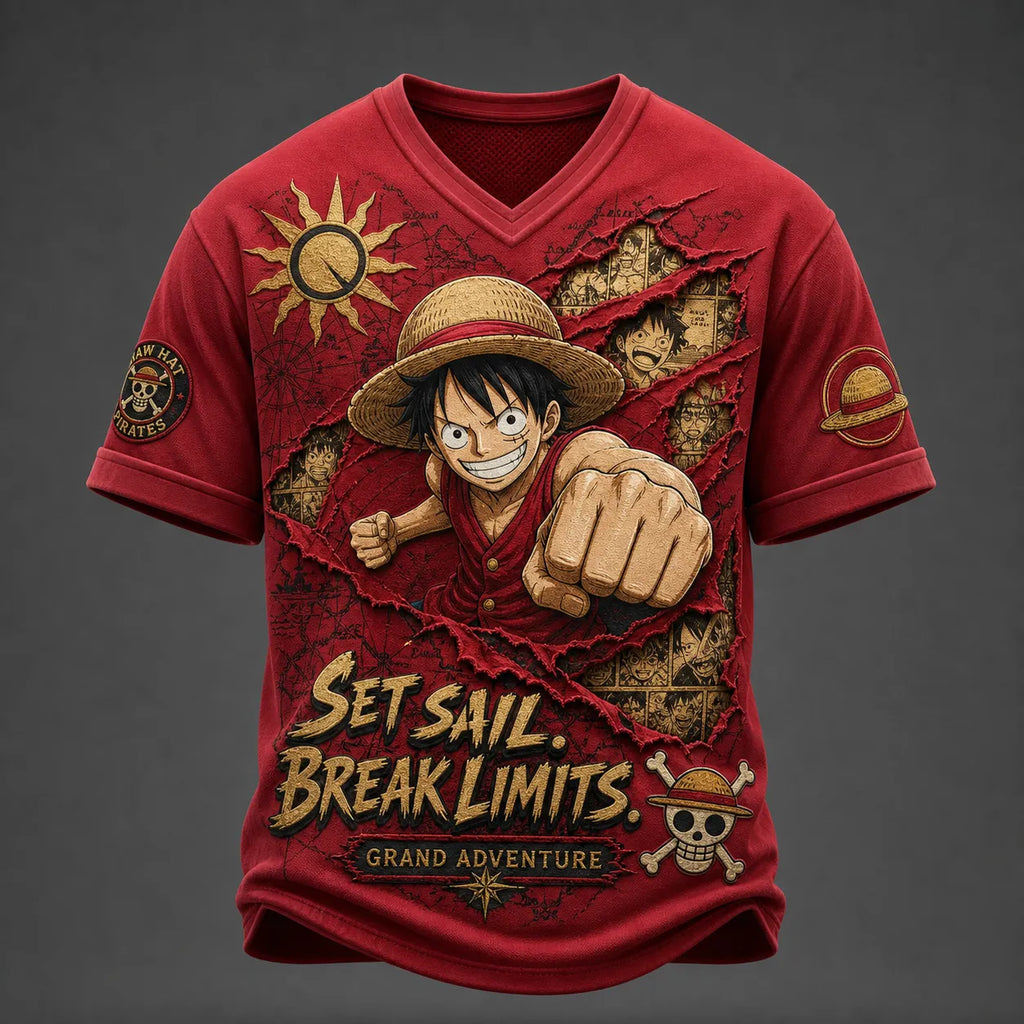 One Piece Pirate Crew Print V-Neck T-Shirt