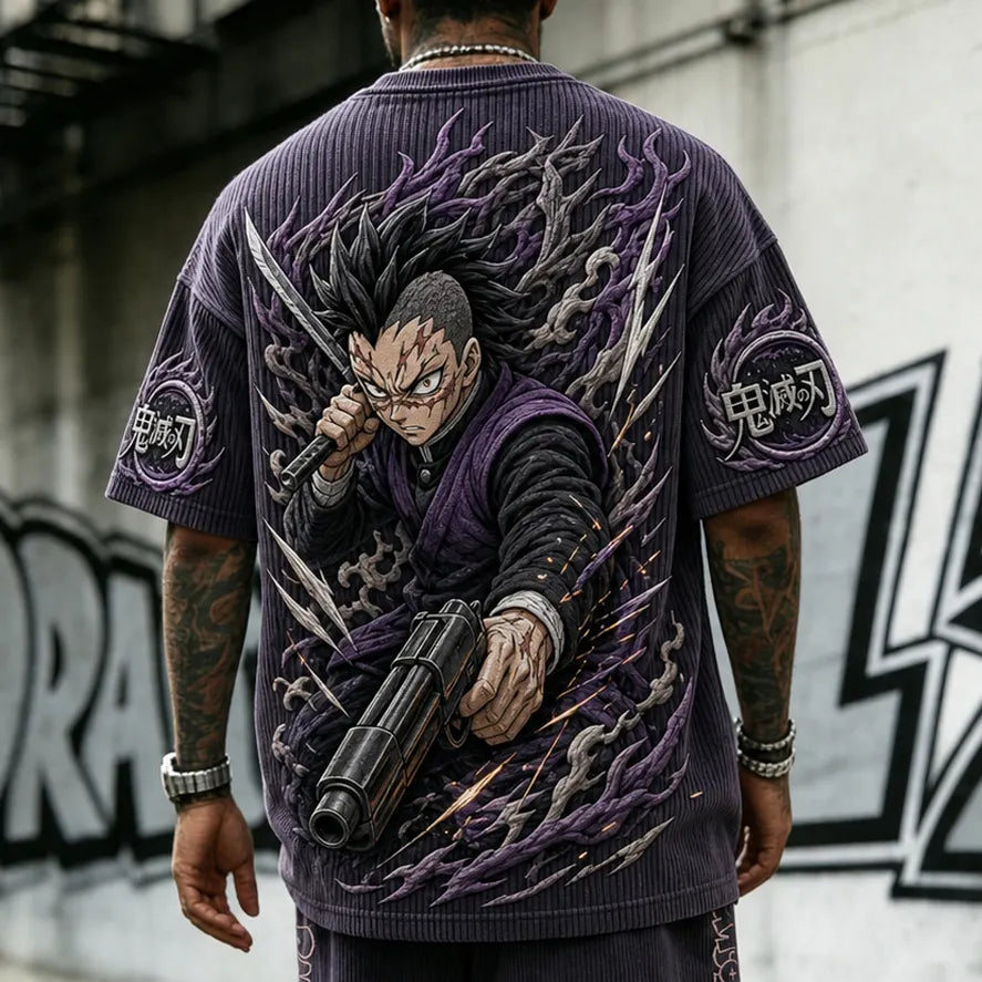 KNY Unisex Oversized Anime-Print Vertical-Stripe Short-Sleeve T-Shirt