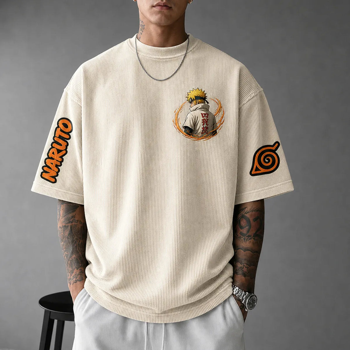 NINDO Unisex Anime-Style Retro Corduroy Oversized T-Shirt