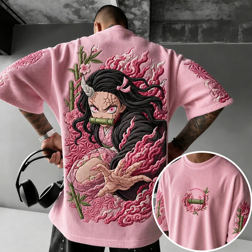 KNY Unisex Anime-Style Retro Corduroy Oversized T-Shirt
