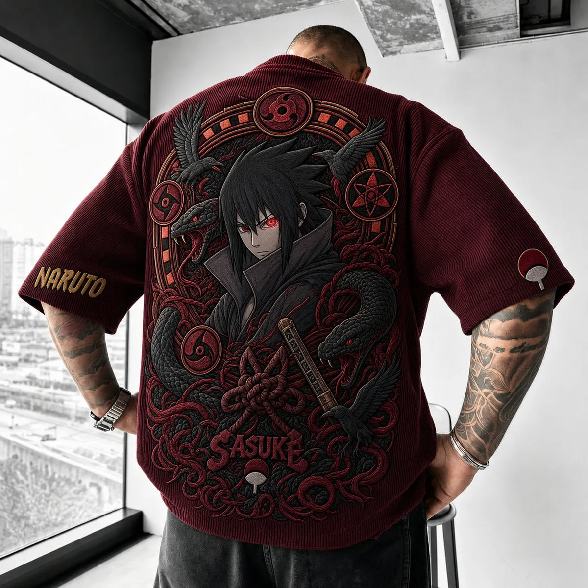 NINDO Unisex Anime-Style Retro Corduroy Oversized T-Shirt