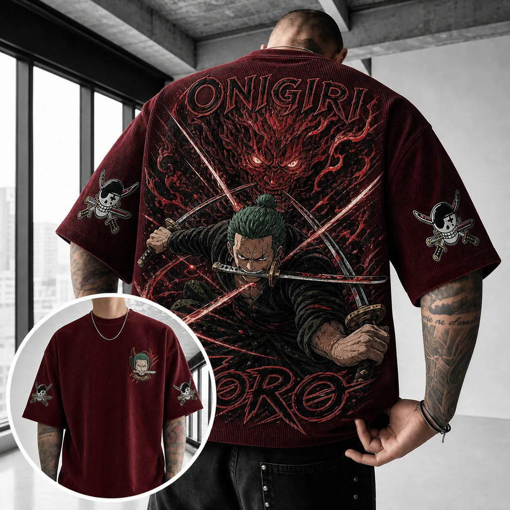 One Piece Unisex Oversized Anime-Print Vertical-Stripe Short-Sleeve T-Shirt