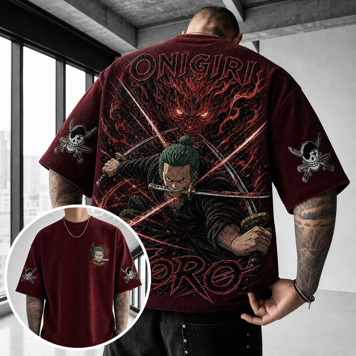 One Piece Unisex Oversized Anime-Print Vertical-Stripe Short-Sleeve T-Shirt