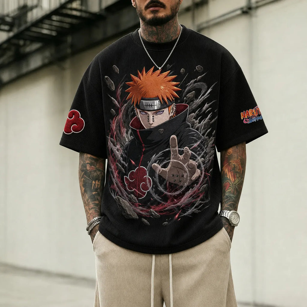 NINDO Unisex Oversized Anime-Print Vertical-Stripe Short-Sleeve T-Shirt