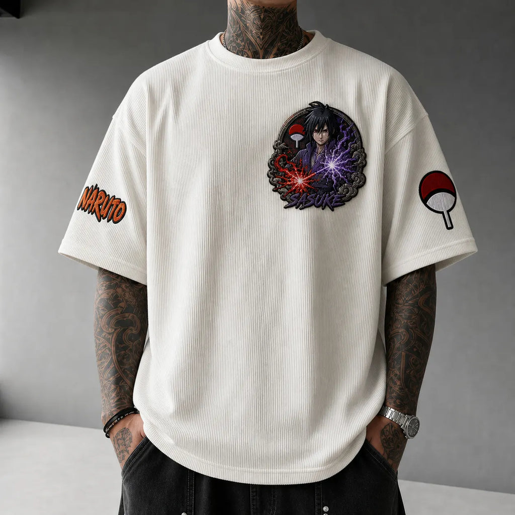 NINDO Unisex Anime-Style Retro Corduroy Oversized T-Shirt