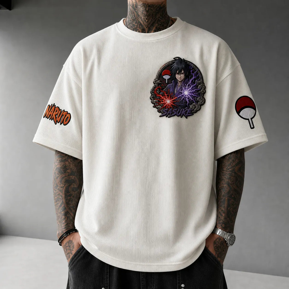 NINDO Unisex Anime-Style Retro Corduroy Oversized T-Shirt