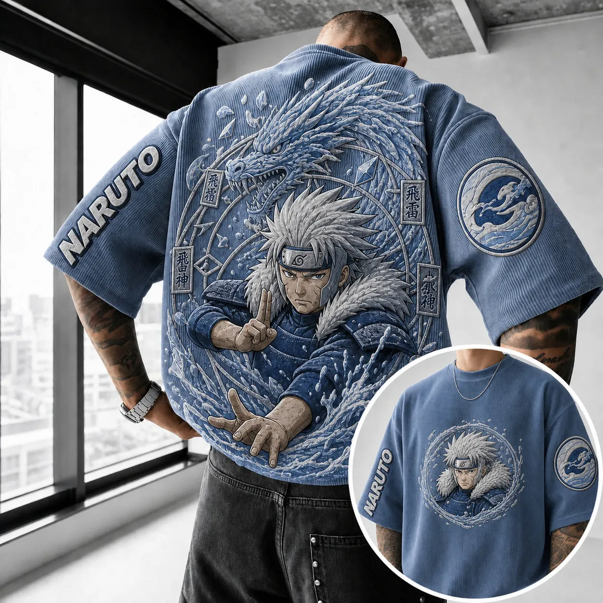 NINDO Unisex Anime-Style Retro Corduroy Oversized T-Shirt