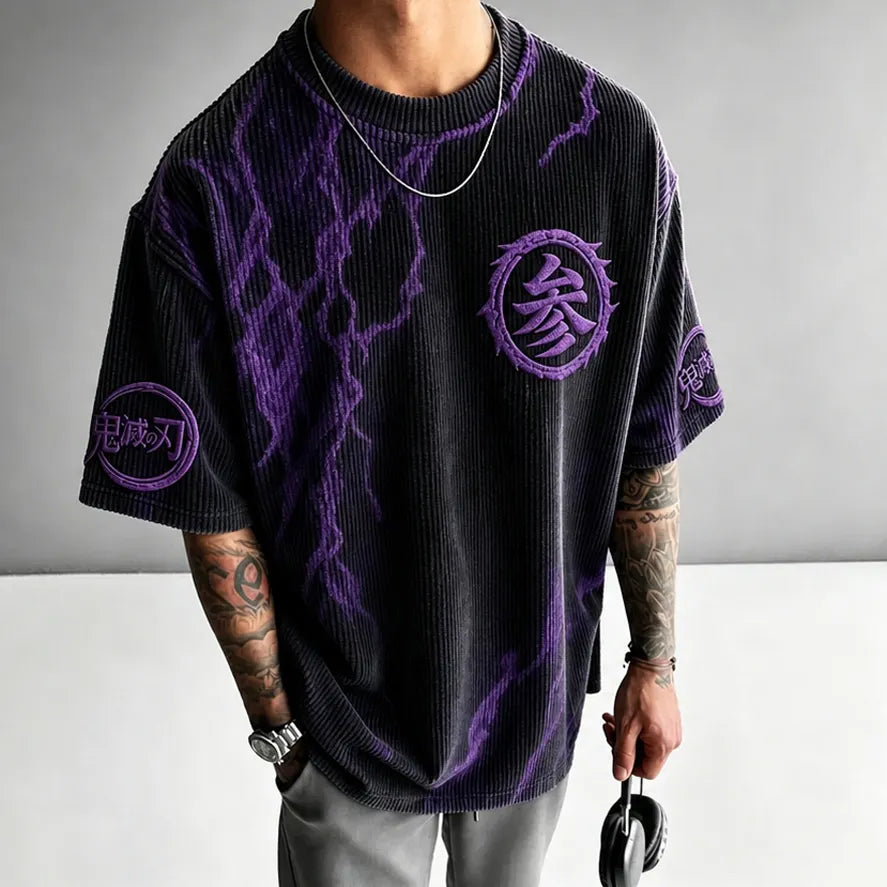 KNY Unisex Oversized Anime-Print Vertical-Stripe Short-Sleeve T-Shirt