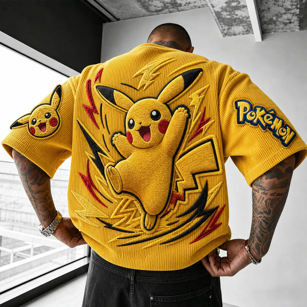 Pokémon Unisex Anime-Style Retro Corduroy Oversized T-Shirt