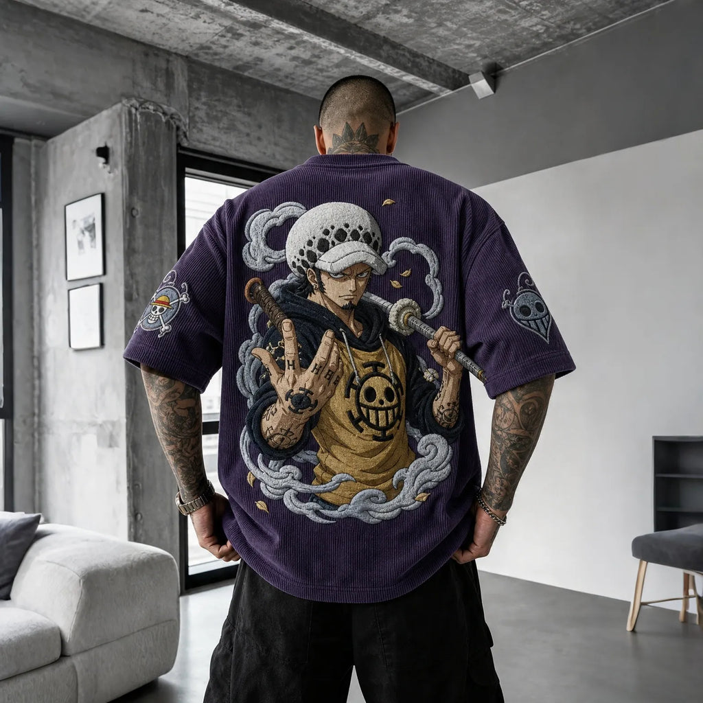 One Piece Unisex Anime-Style Retro Corduroy Oversized T-Shirt