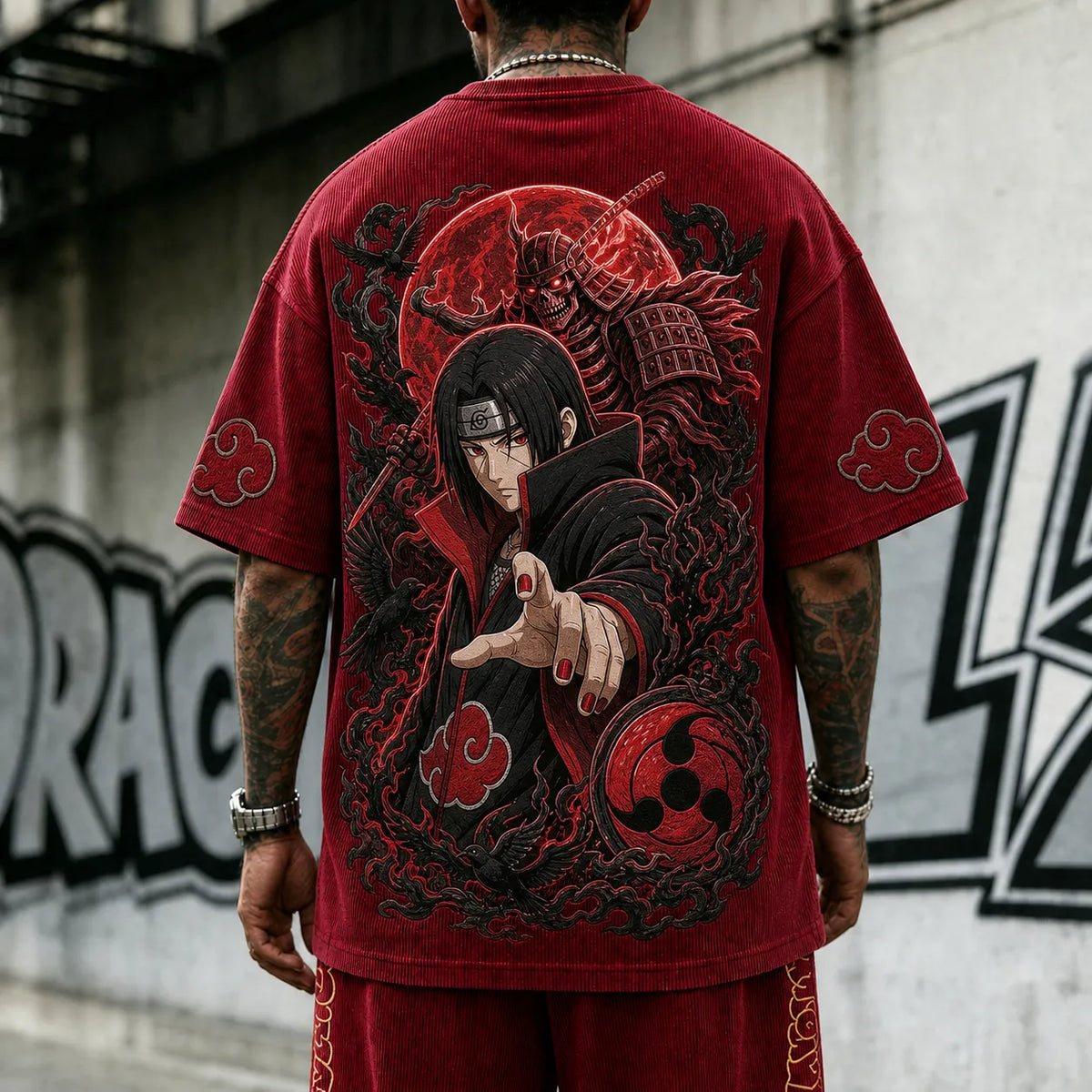 NINDO Unisex Oversized Anime-Print Vertical-Stripe Short-Sleeve T-Shirt