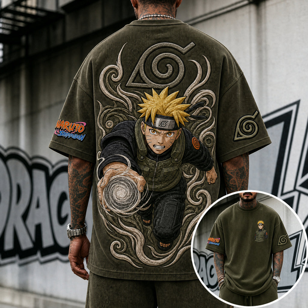 NINDO Unisex Anime-Style Retro Corduroy Oversized T-Shirt