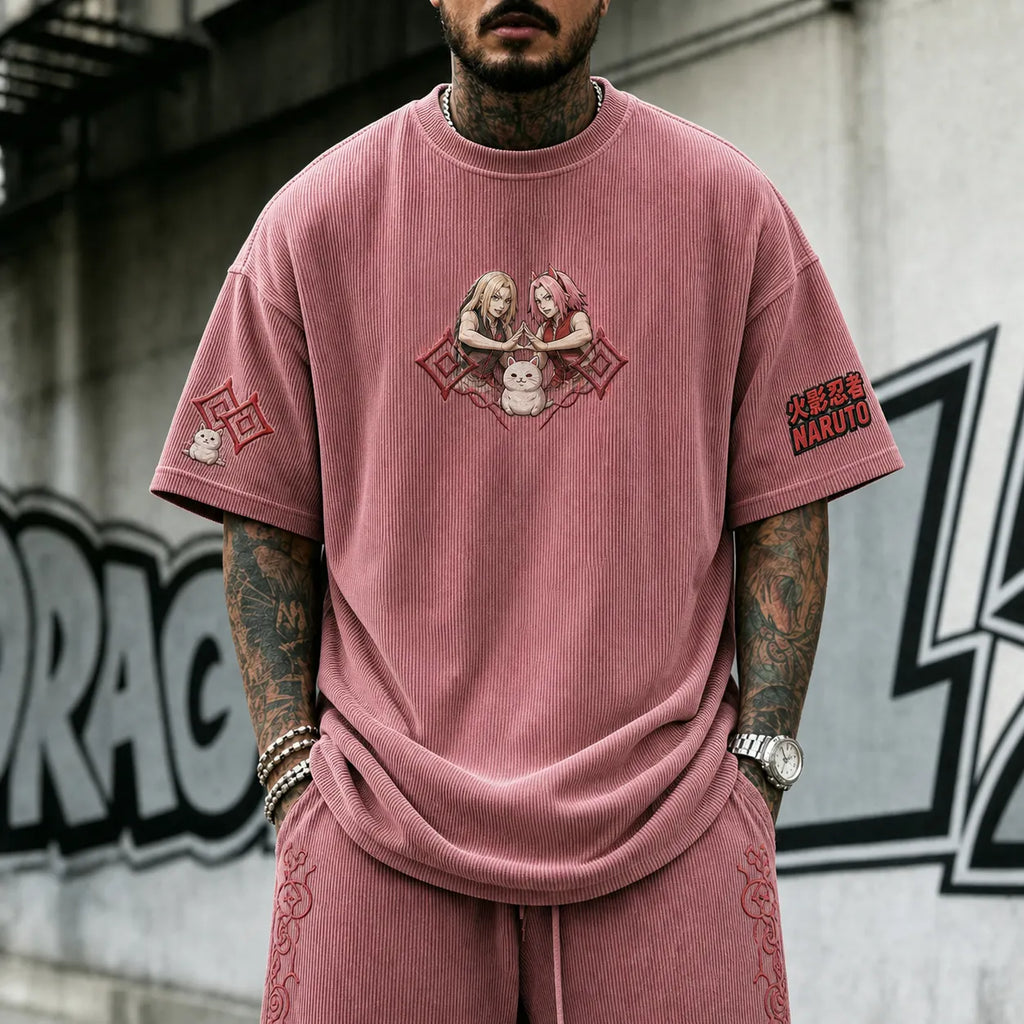 NINDO Unisex Anime-Style Retro Corduroy Oversized T-Shirt