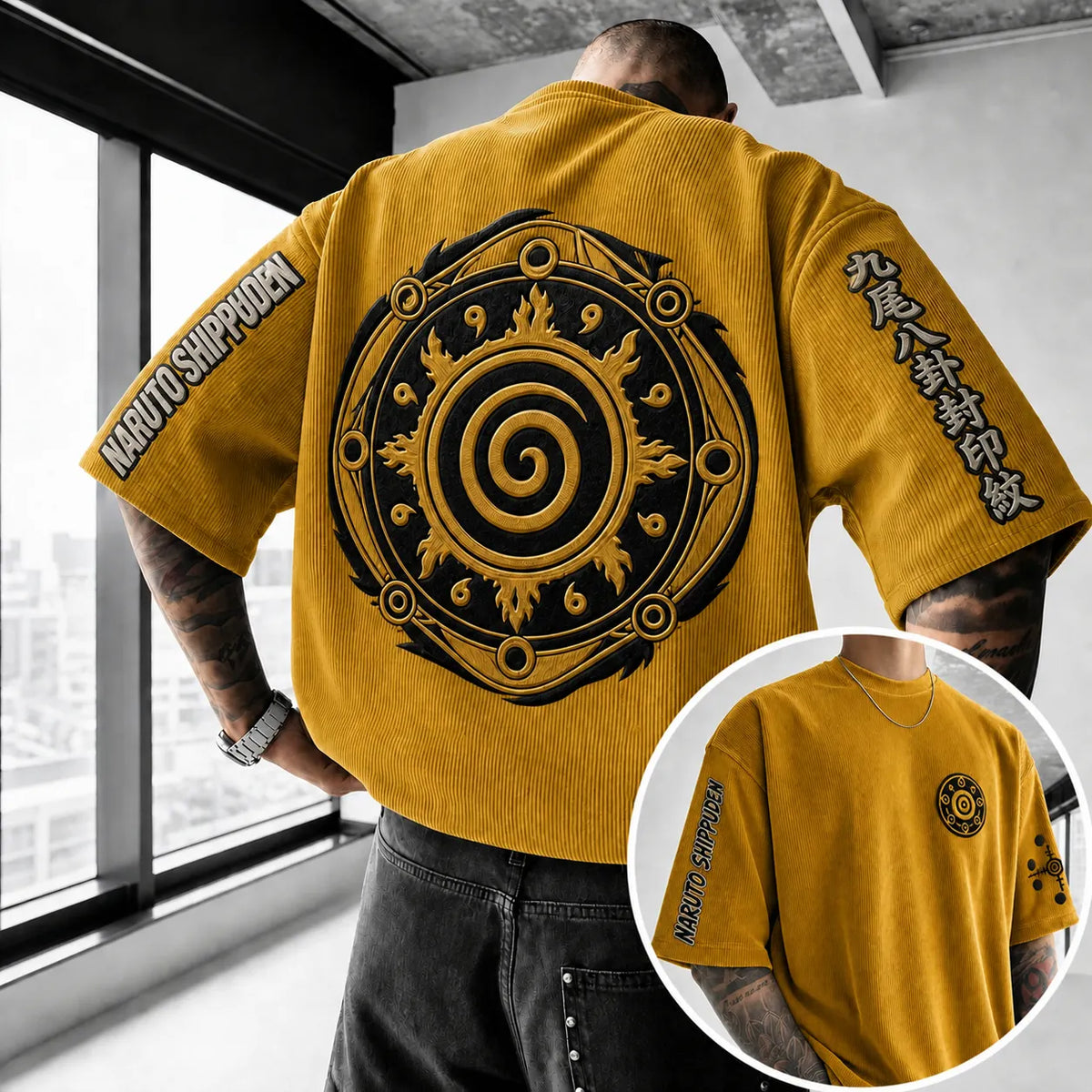 NINDO Unisex Anime-Style Retro Corduroy Oversized T-Shirt
