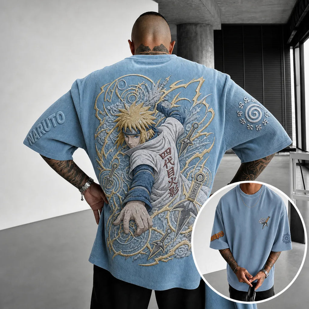 NINDO Unisex Anime-Style Retro Corduroy Oversized T-Shirt