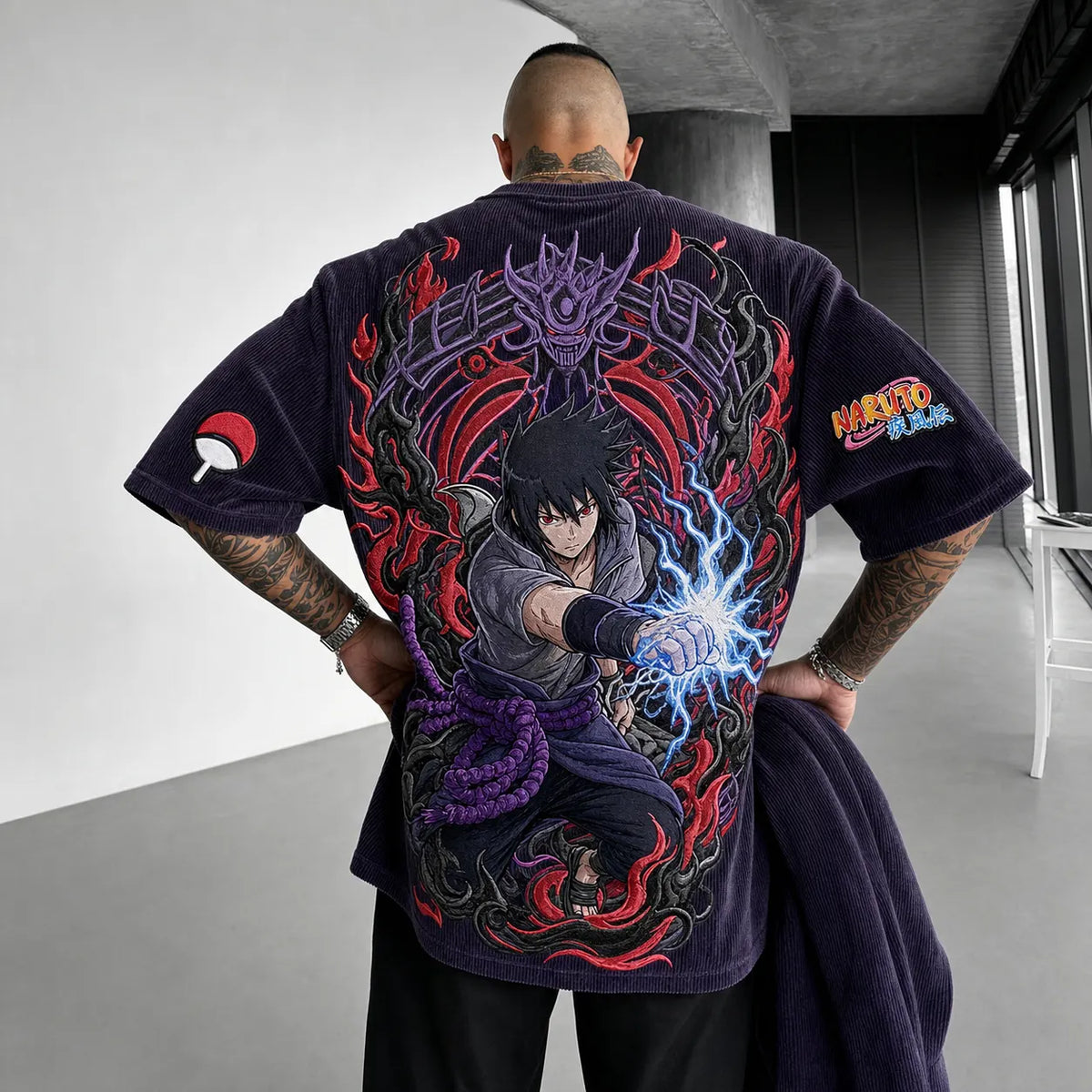NINDO Unisex Oversized Anime-Print Vertical-Stripe Short-Sleeve T-Shirt