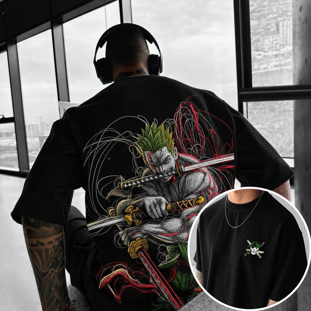 One Piece Unisex Anime-Style Retro Corduroy Oversized T-Shirt