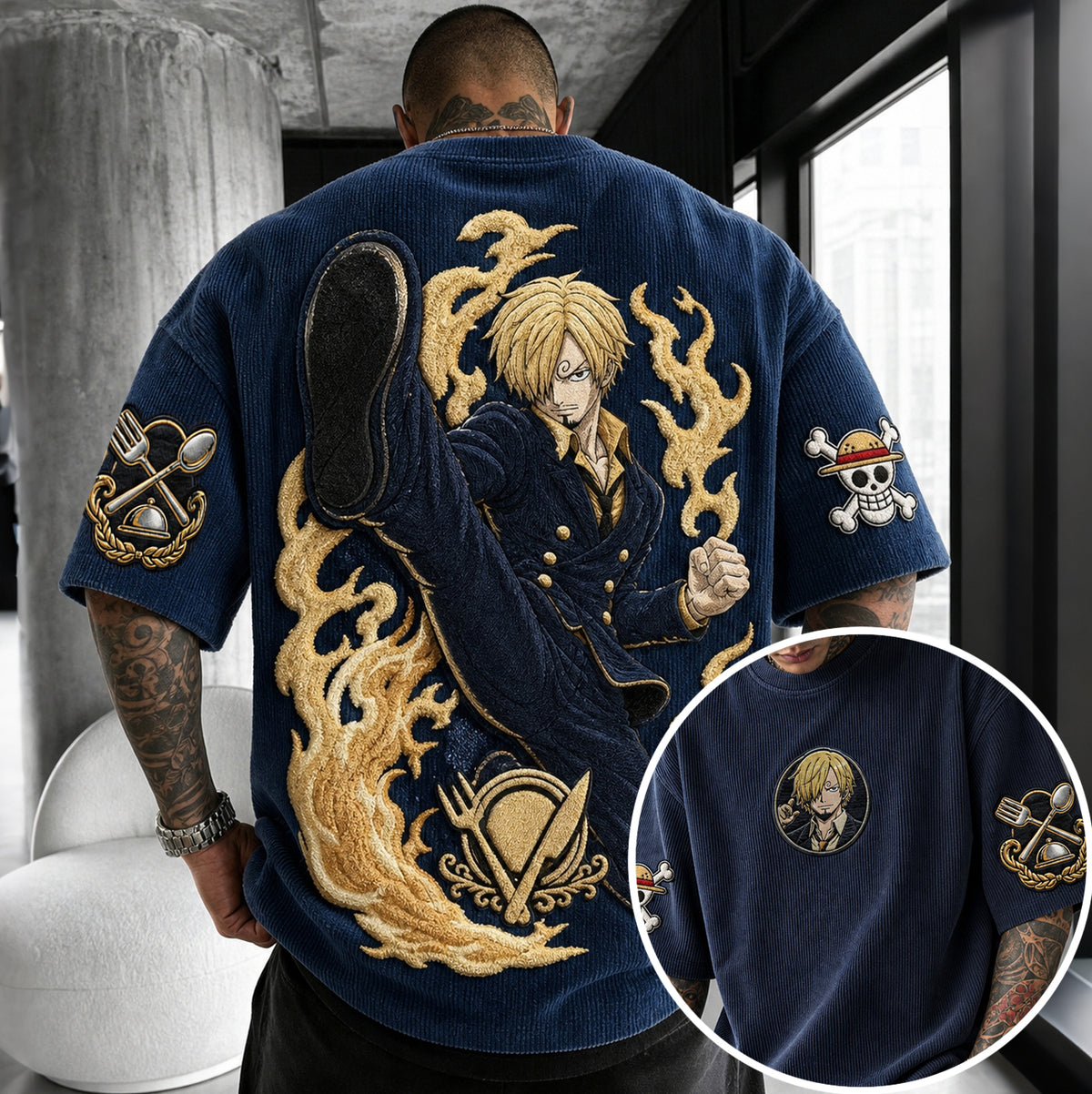 One Piece Unisex Anime-Style Retro Corduroy Oversized T-Shirt