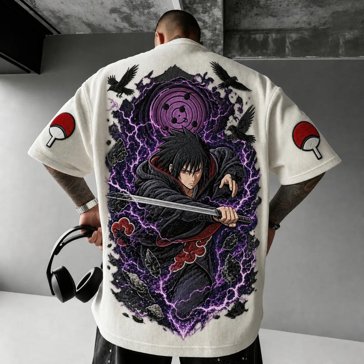 NINDO Unisex Oversized Anime-Print Vertical-Stripe Short-Sleeve T-Shirt