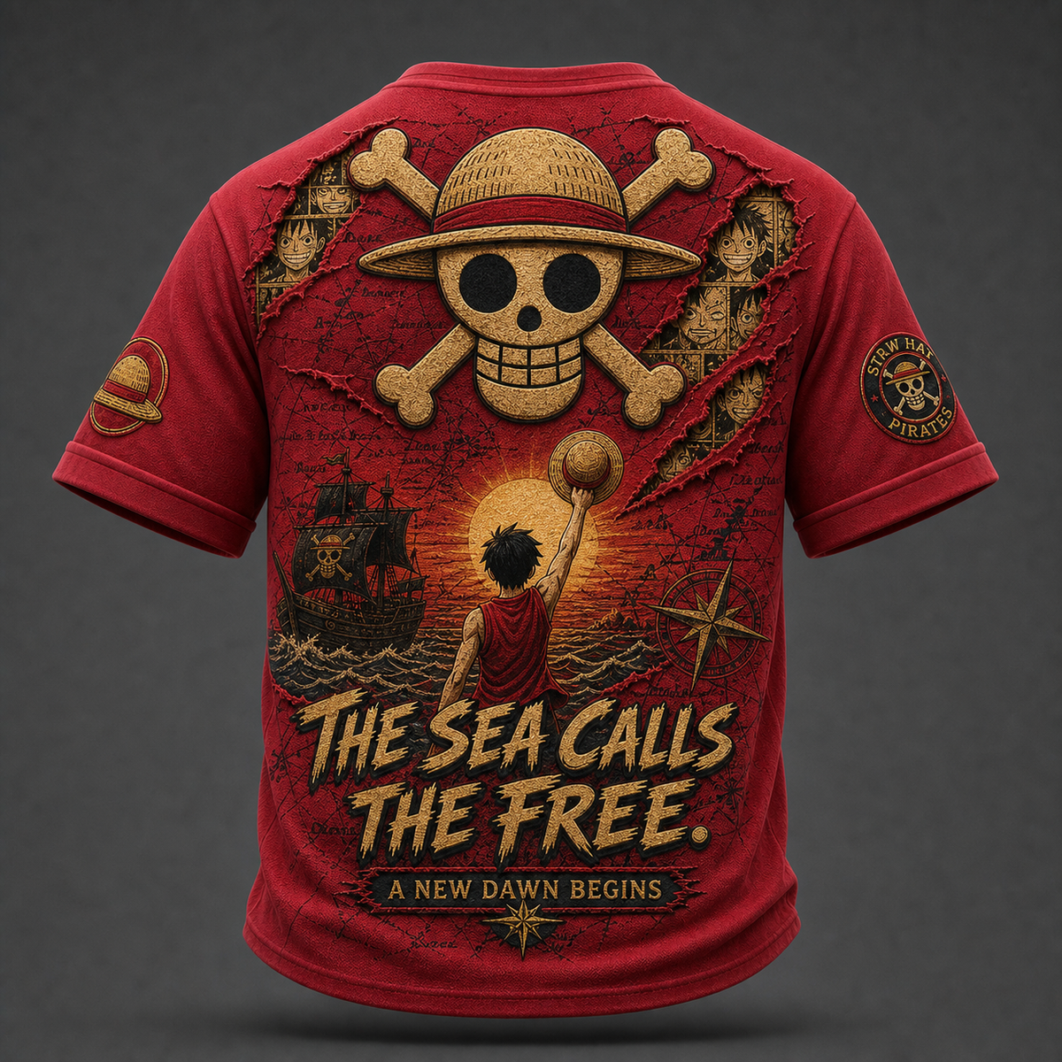 One Piece Pirate Crew Print V-Neck T-Shirt
