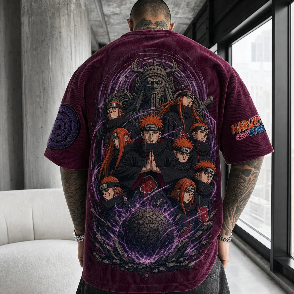 NINDO Unisex Oversized Anime-Print Vertical-Stripe Short-Sleeve T-Shirt
