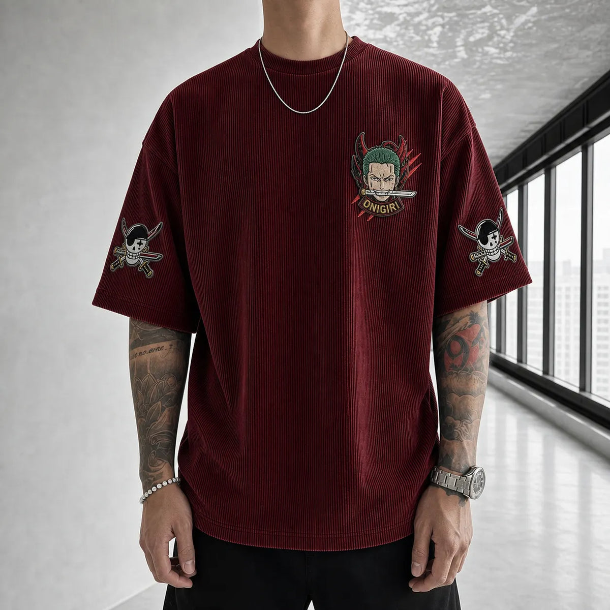 One Piece Unisex Oversized Anime-Print Vertical-Stripe Short-Sleeve T-Shirt