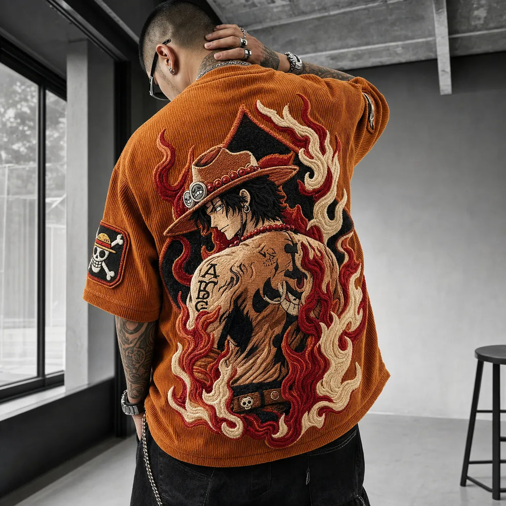 One Piece Unisex Anime-Style Retro Corduroy Oversized T-Shirt