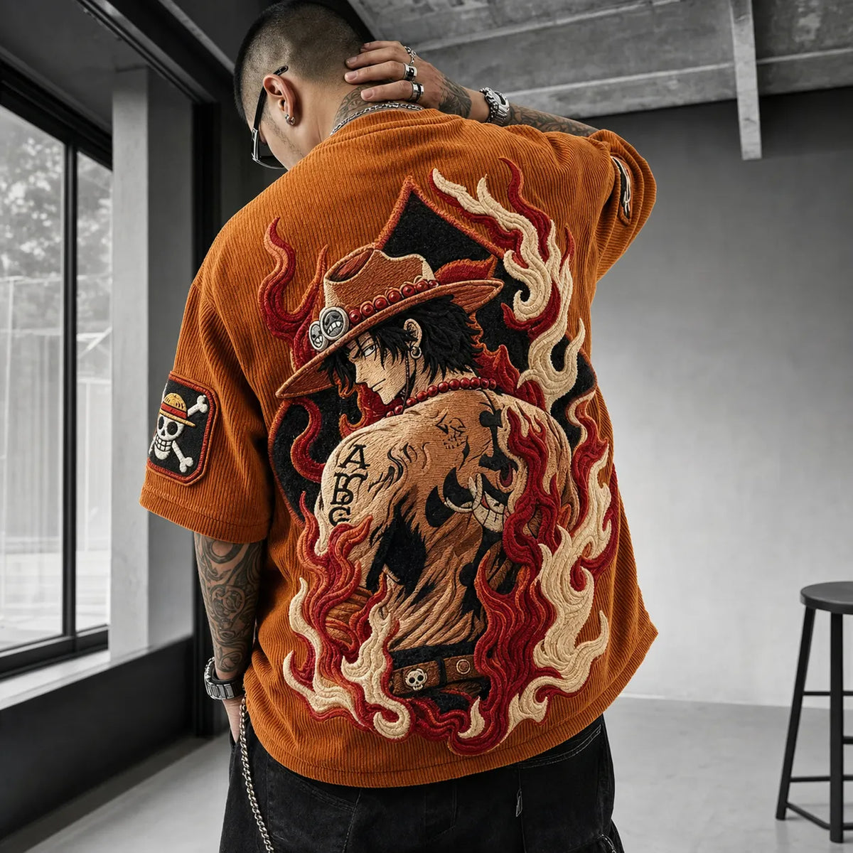 One Piece Unisex Anime-Style Retro Corduroy Oversized T-Shirt