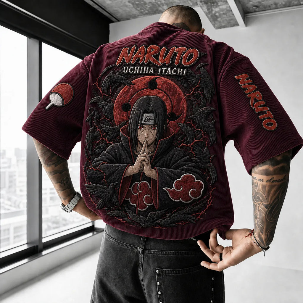 NINDO Unisex Anime-Style Retro Corduroy Oversized T-Shirt