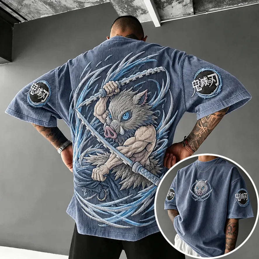 KNY Unisex Oversized Anime-Print Vertical-Stripe Short-Sleeve T-Shirt