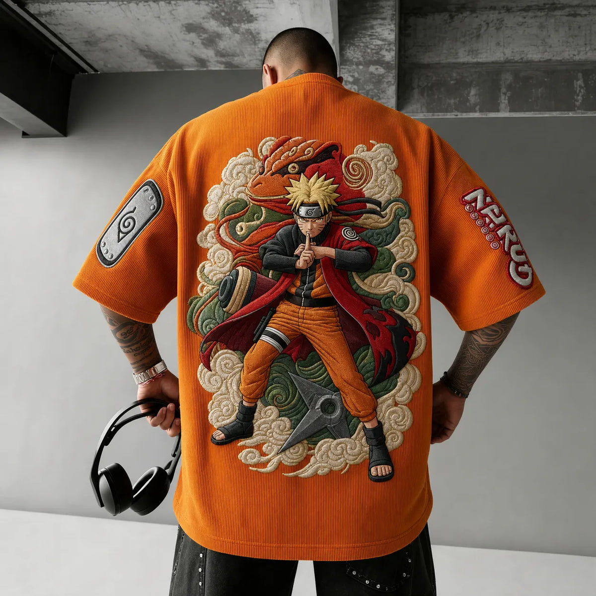 NINDO Unisex Oversized Anime-Print Vertical-Stripe Short-Sleeve T-Shirt