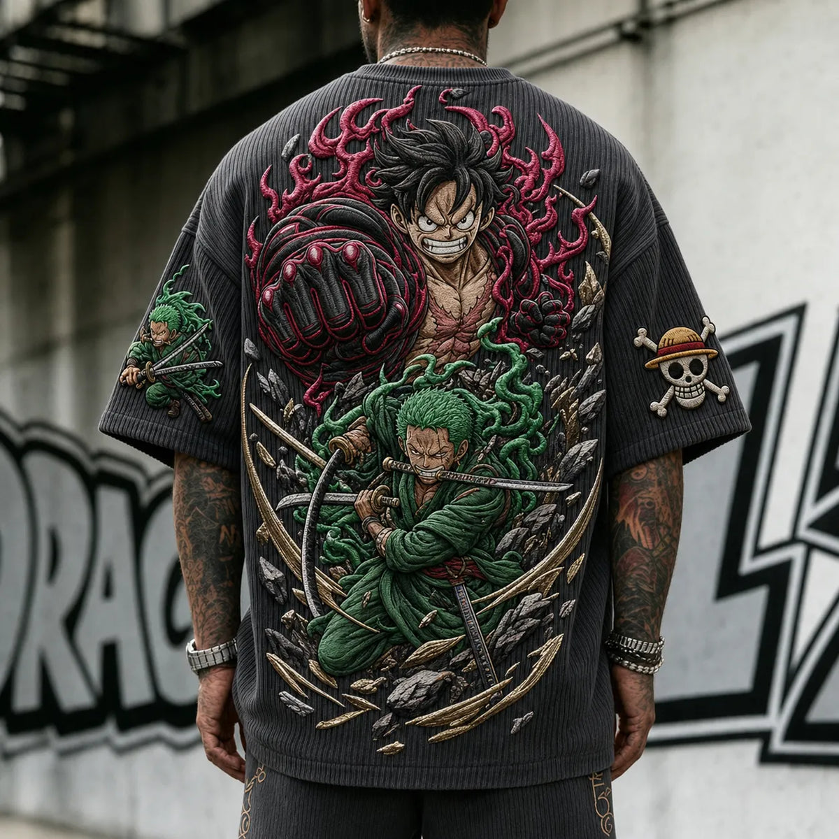 One Piece Unisex Anime-Style Retro Corduroy Oversized T-Shirt