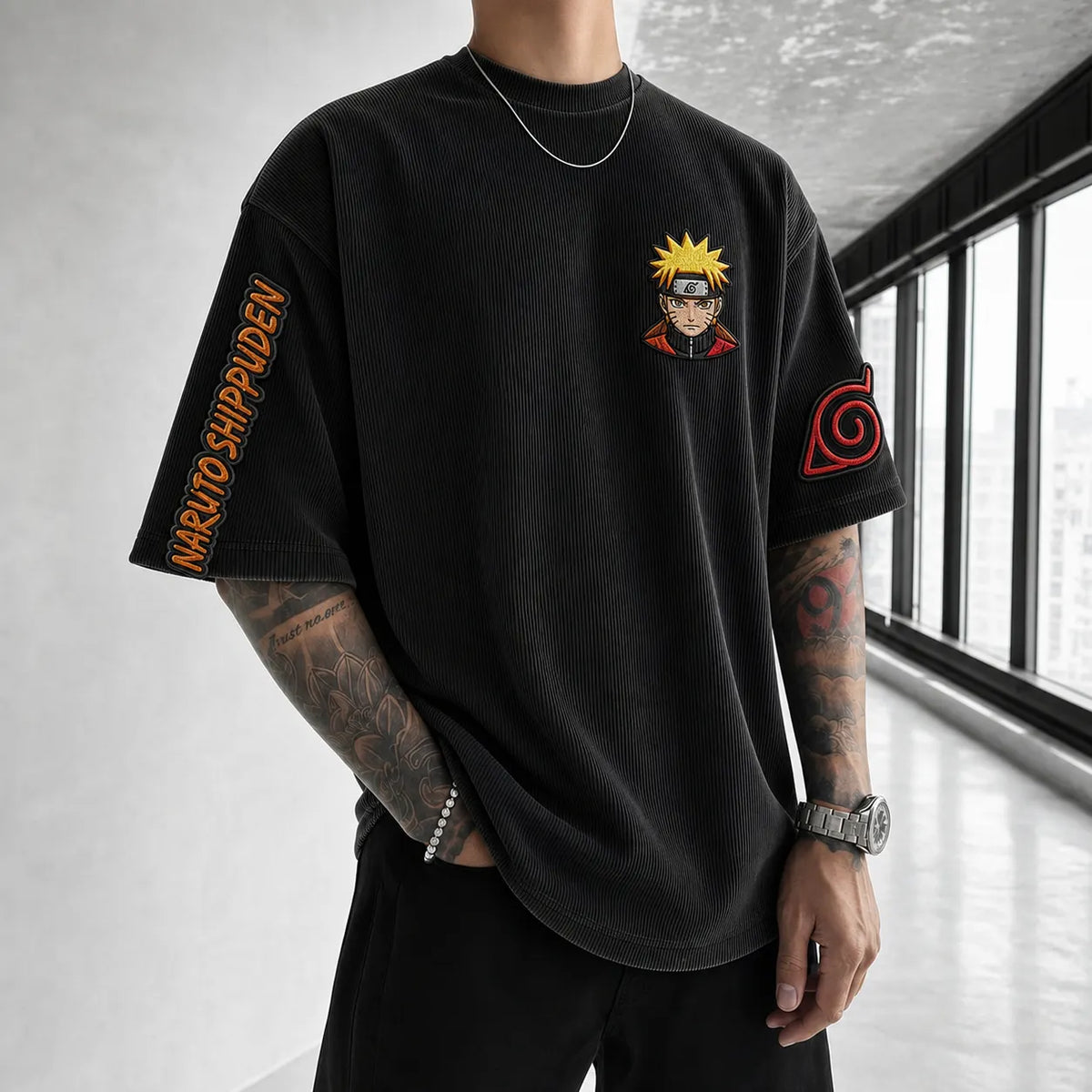 NINDO Unisex Anime-Style Retro Corduroy Oversized T-Shirt